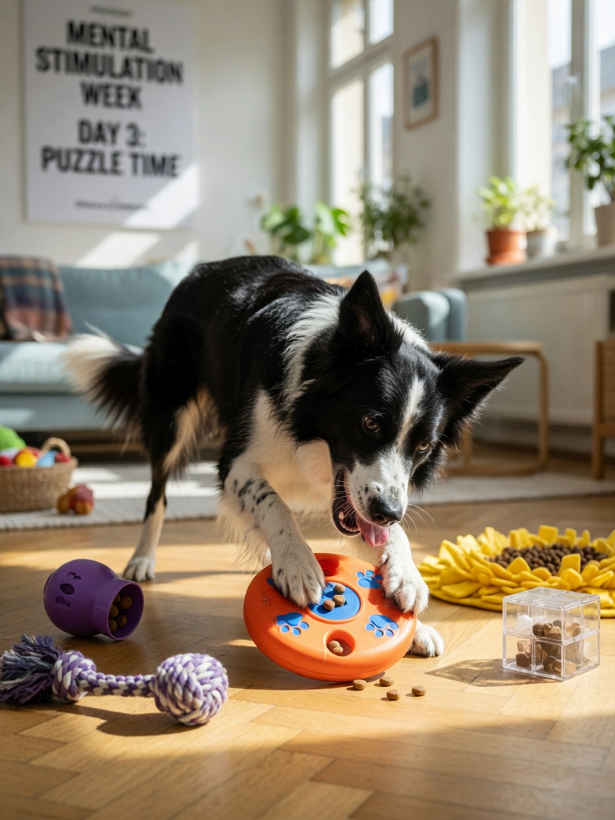 Energetic border collie playing with puzzle toys and enrichment toys indoors