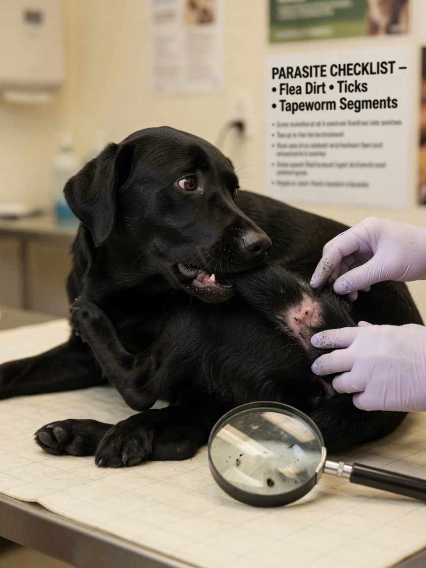 Infermiera veterinaria che esamina il mantello di un Labrador nero per sporcizia di pulci alla base della coda