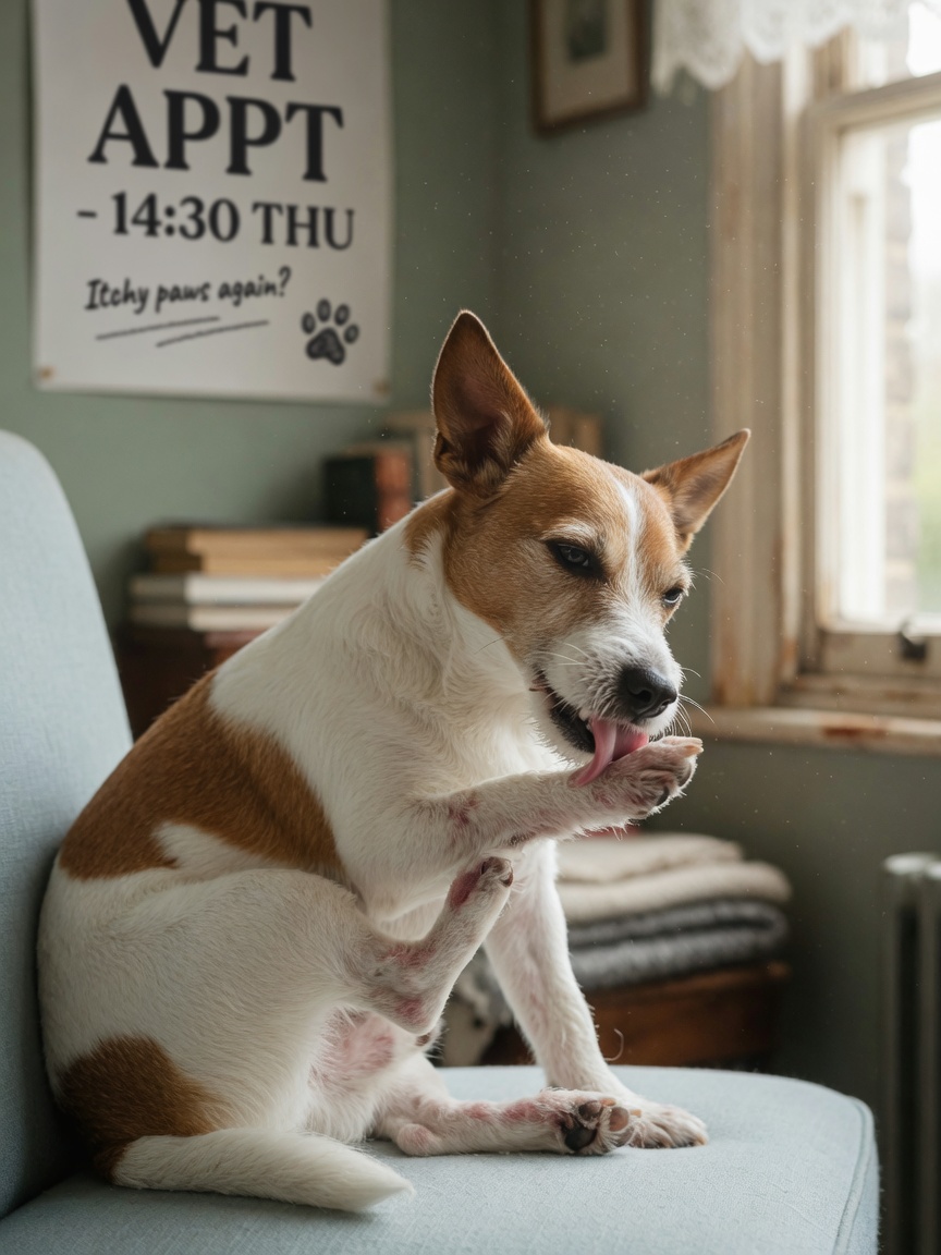 Jack Russell Terrier che lecca e morde intensamente la zampa a causa di allergia ambientale