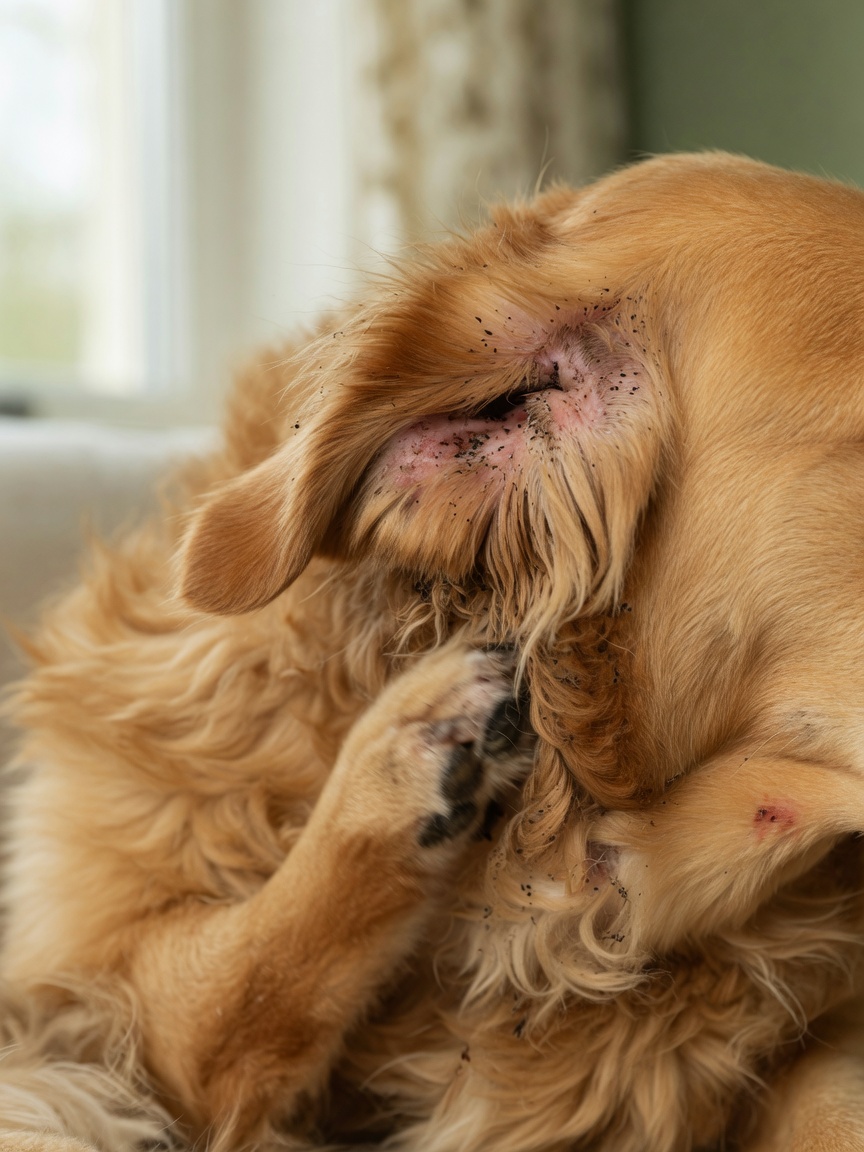 Primer plano de la oreja y cuello de un golden retriever mostrando signos de dermatitis alérgica a las pulgas con rascado visible y pérdida de pelo