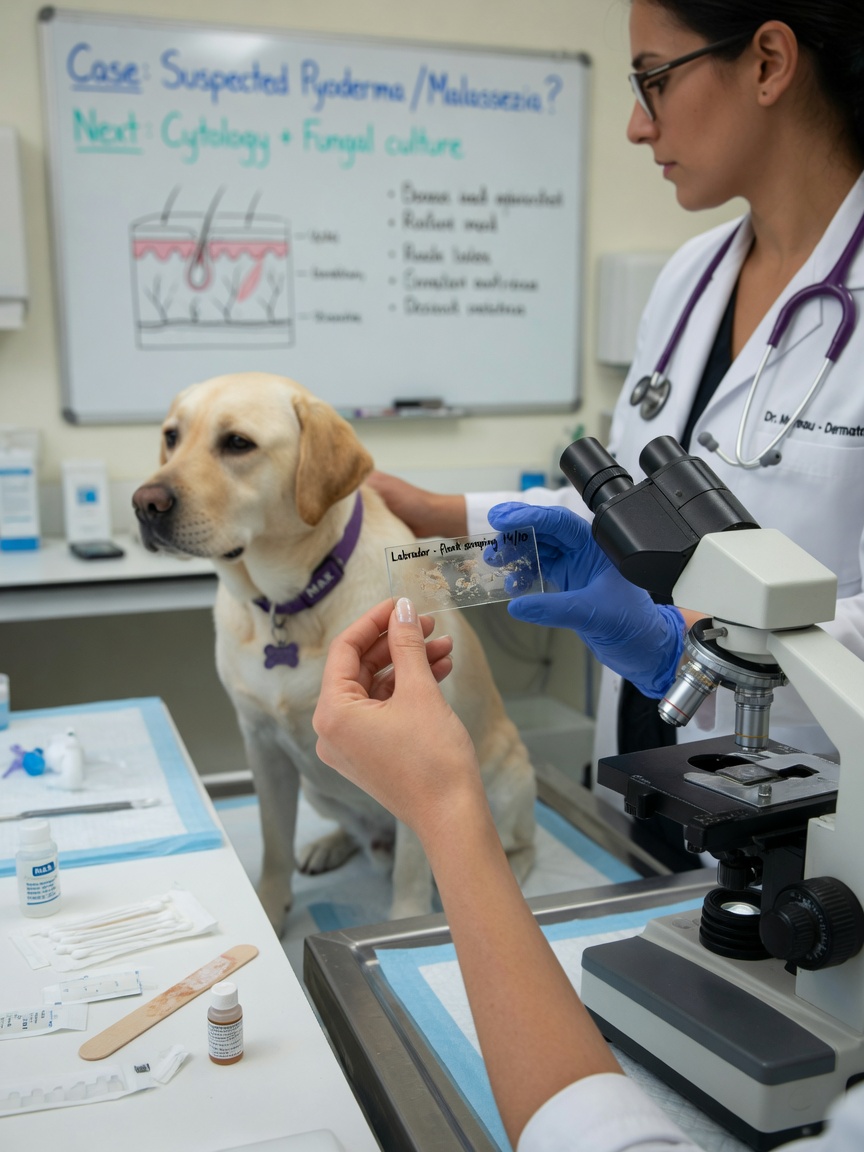 Veterinario examinando citología de piel bajo un microscopio durante pruebas diagnósticas para rascado y prurito en perros