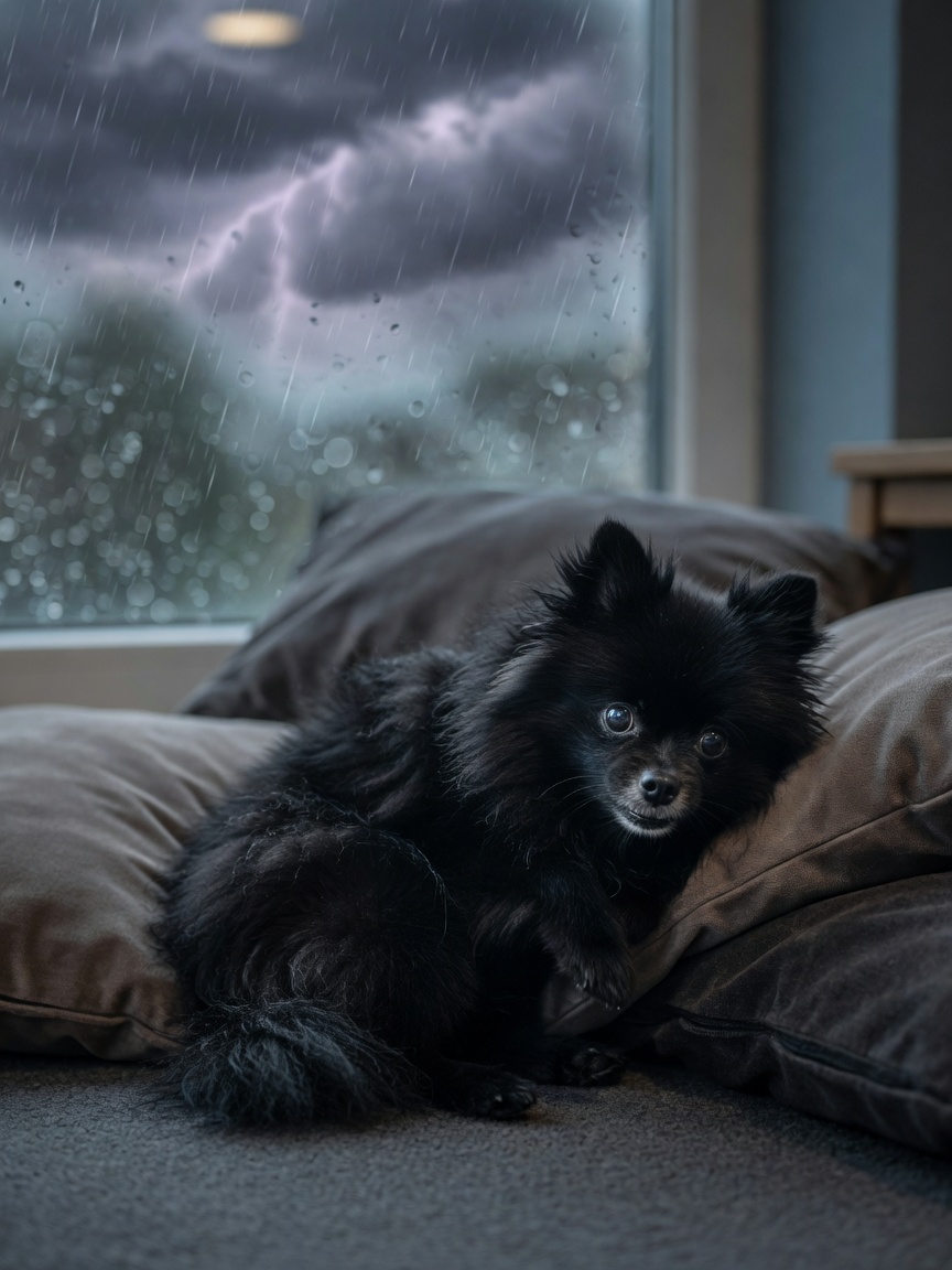 A small black Pomeranian with tucked ears and fearful posture trembling during a thunderstorm near window with rain visible outside