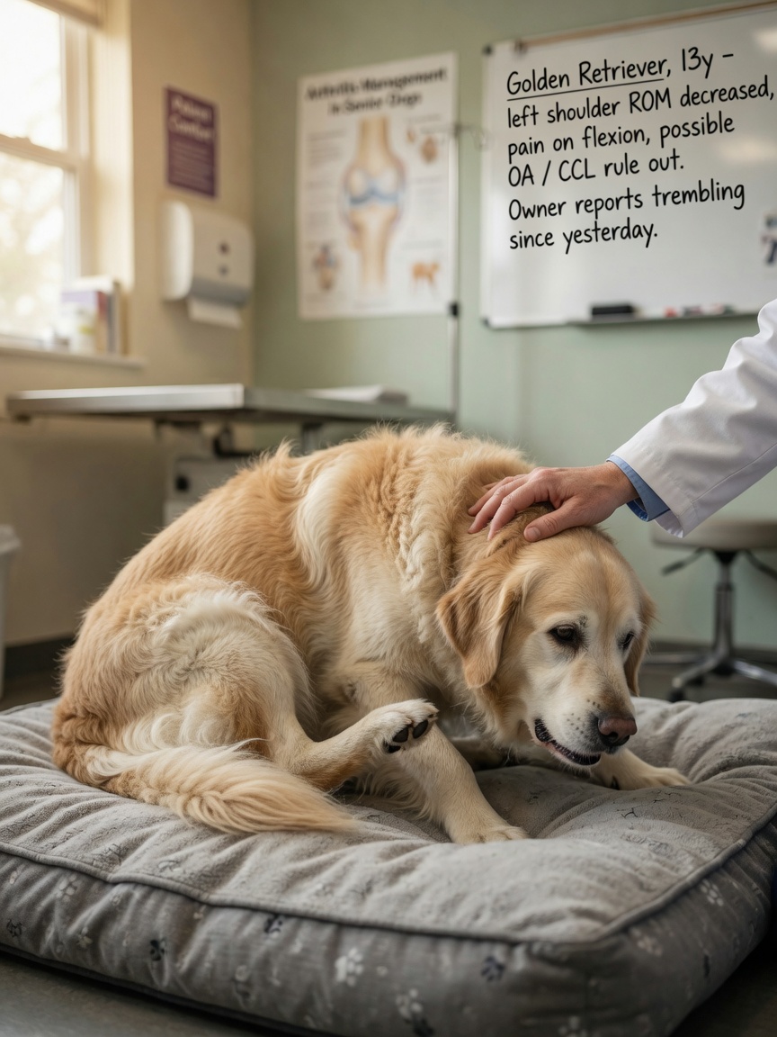 An older golden Retriever trembling on a veterinary exam table with veterinarian's hand examining its shoulder, showing signs of pain and discomfort