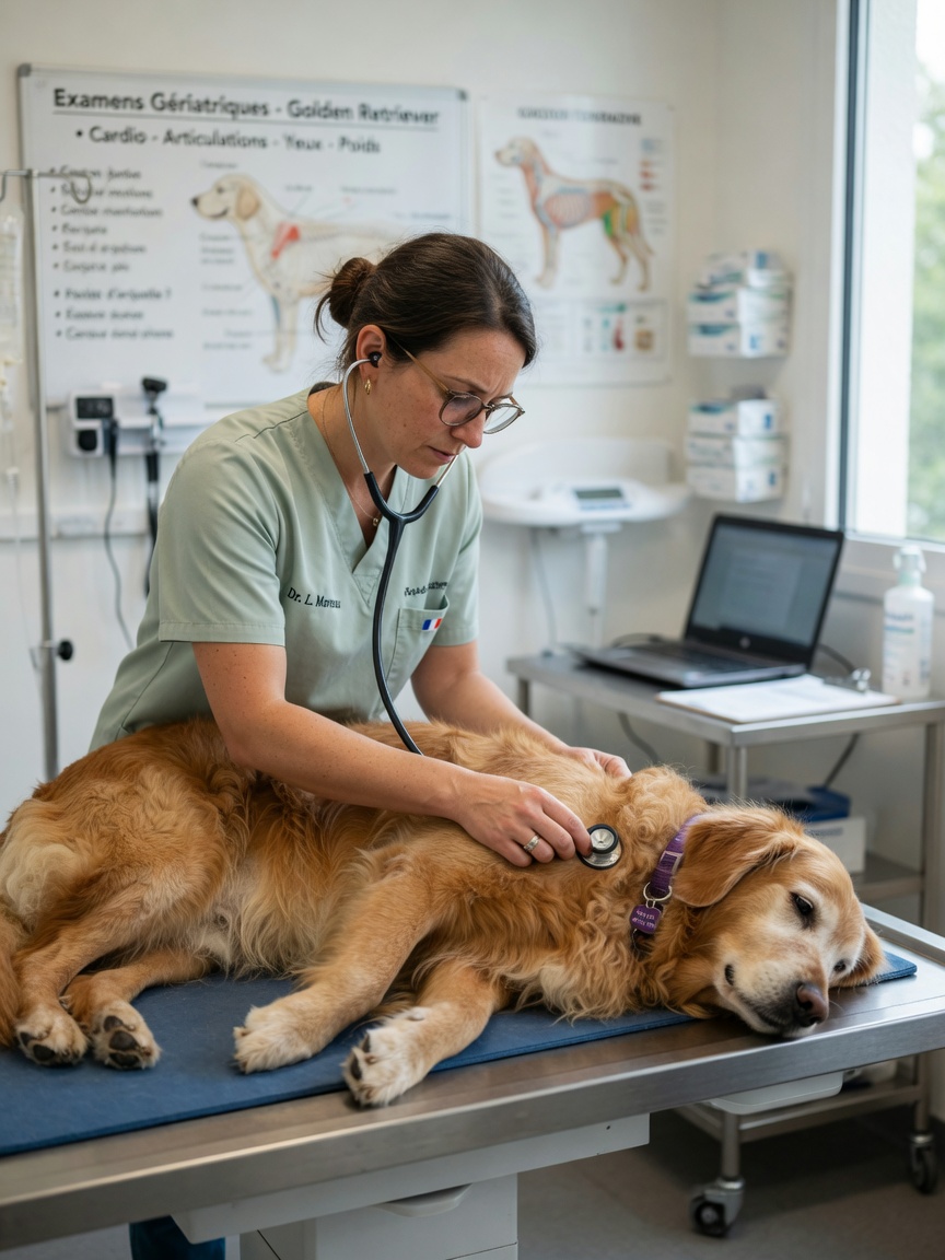 Veterinary surgeon examining a senior golden retriever on a clinic examination table during a medical check-up