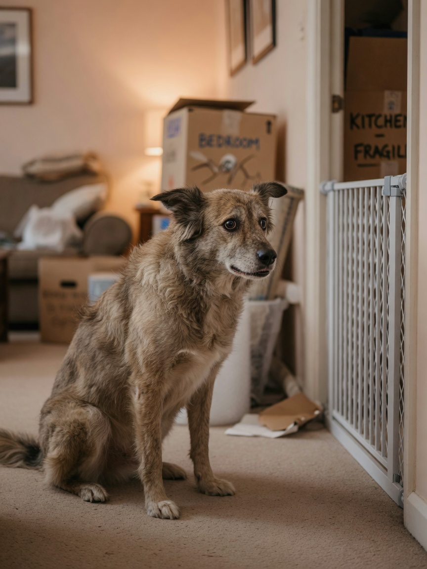 Anxious dog sitting near a baby gate with moving boxes in background, displaying stress from environmental change
