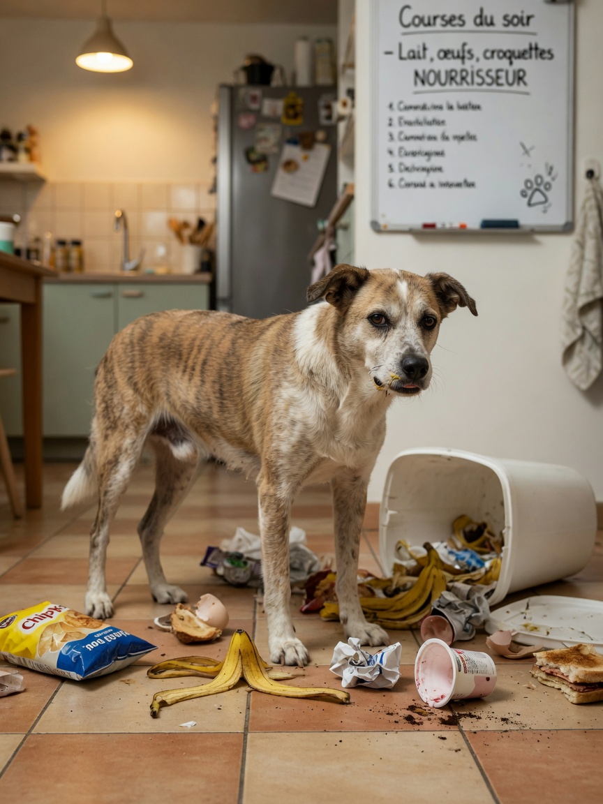 Un cane dall'aria colpevole in piedi vicino a un bidone della spazzatura rovesciato con rifiuti sparsi sul pavimento della cucina