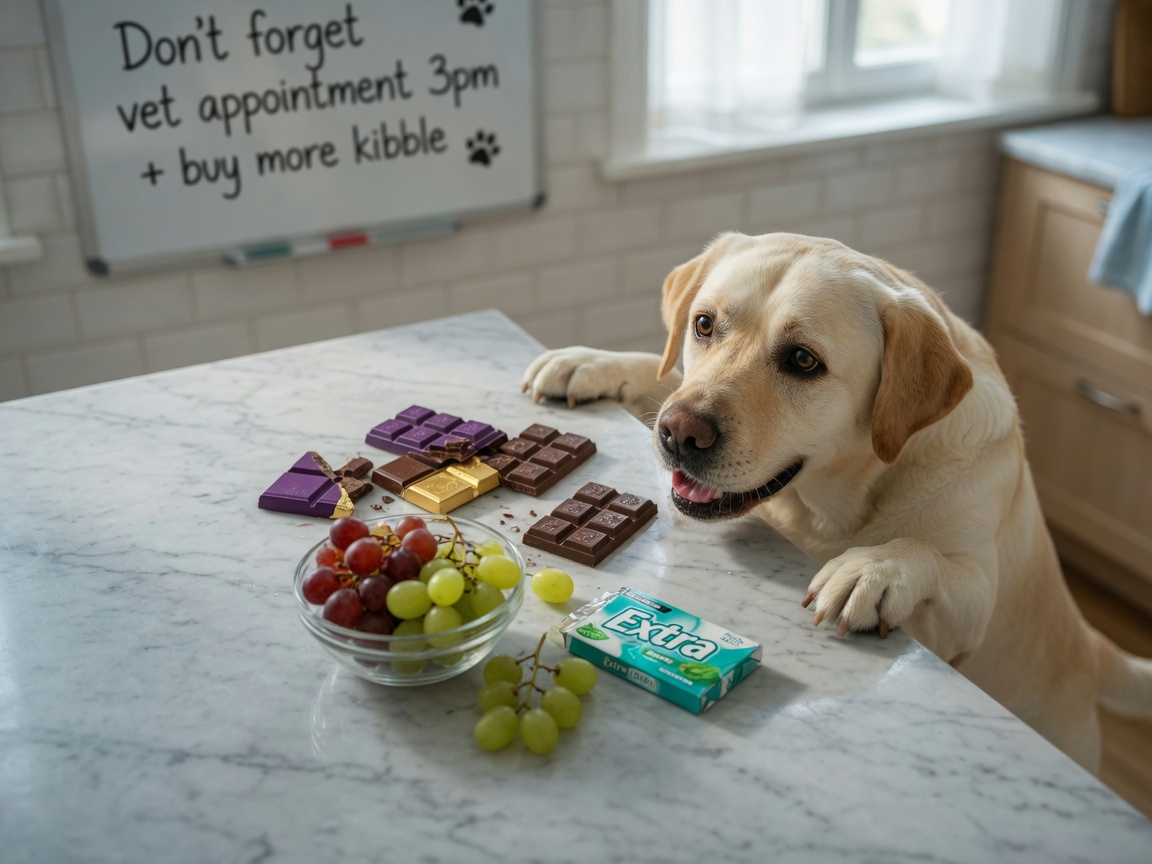 Un Labrador Retriever dorato che raggiunge verso alimenti tossici su un bancone della cucina tra cui cioccolato, uva e gomma senza zucchero