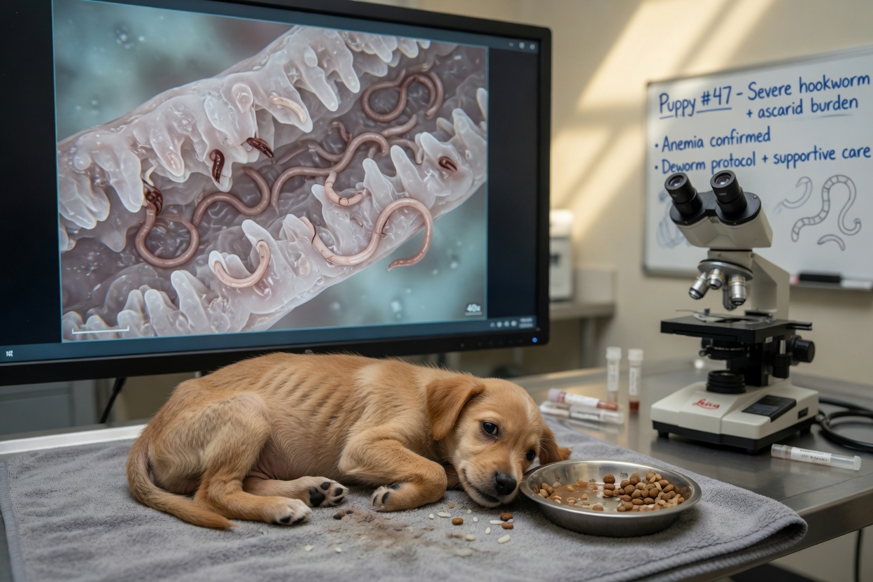 Thin puppy with visual representation of parasitic infection affecting nutrient absorption