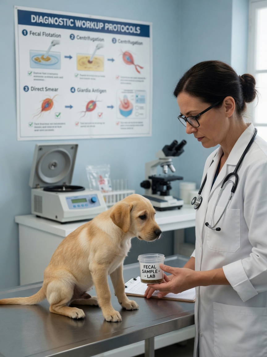 Veterinarian preparing diagnostic fecal sample with underweight puppy on exam table
