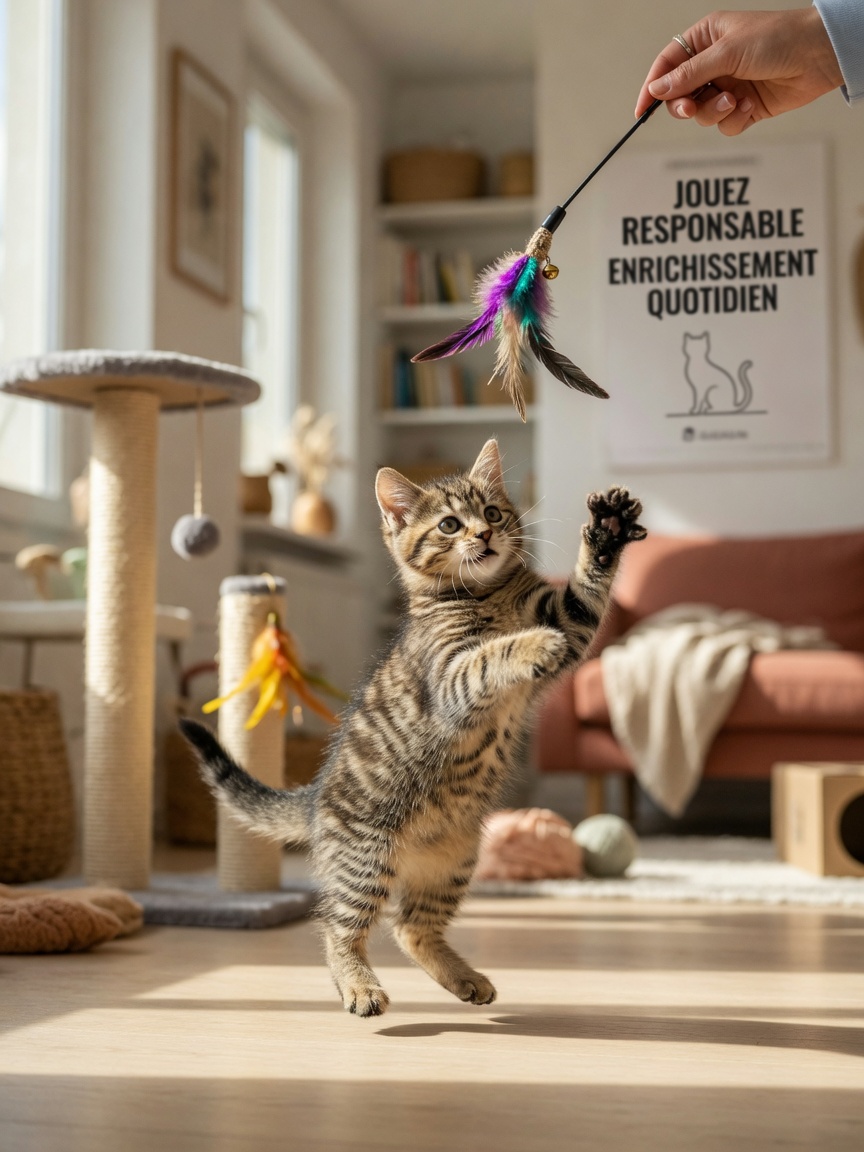 Kitten playing with a feather toy, demonstrating redirected hunting behaviour and positive engagement