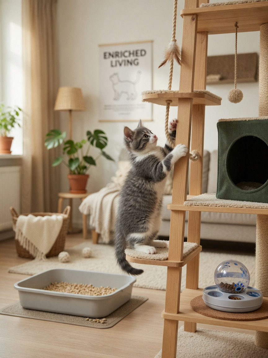 Young kitten climbing a multi-level cat tree in an enriched home environment