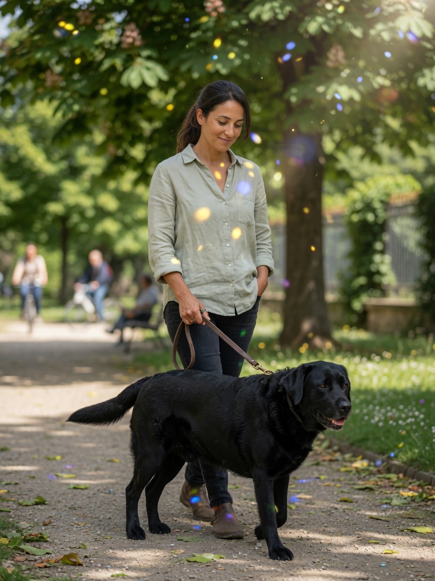 Woman and black Labrador walking peacefully in a park, representing cardiovascular benefits of pet ownership