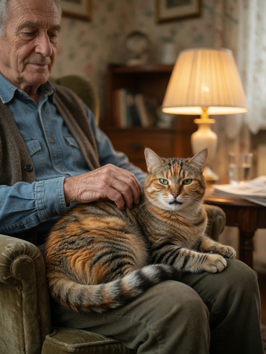 Elderly man experiencing companionship and comfort with tabby cat, illustrating mental health benefits for isolated adults