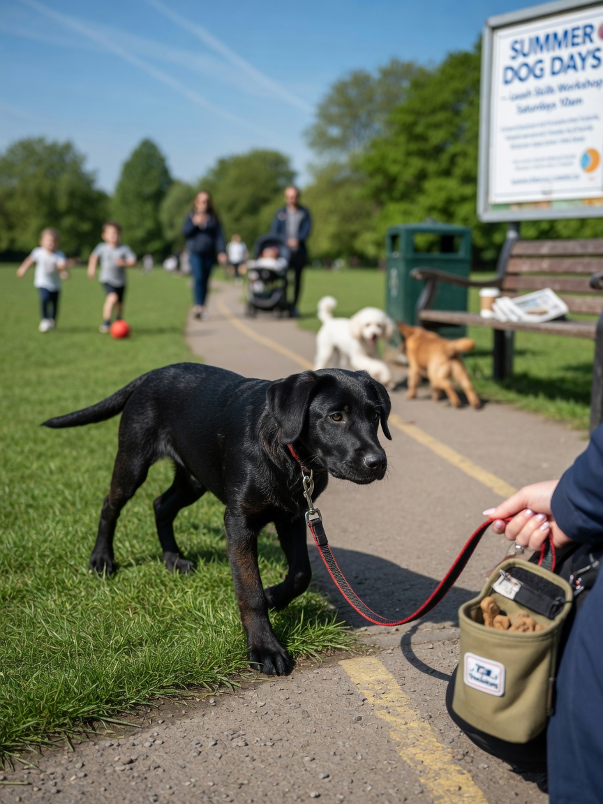 A young black Labrador Retriever puppy confidently exploring a busy public park with varied terrain, surrounded by other dogs and people, showing healthy curiosity and positive engagement with diverse stimuli