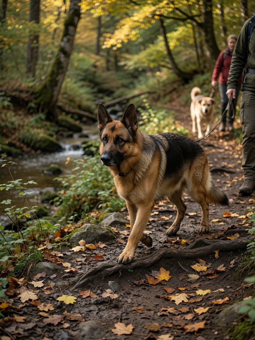An adult German Shepherd with tan and black sable coat confidently navigating a woodland hiking trail with varied terrain, showing sustained composure and positive engagement with environmental stimuli during adulthood
