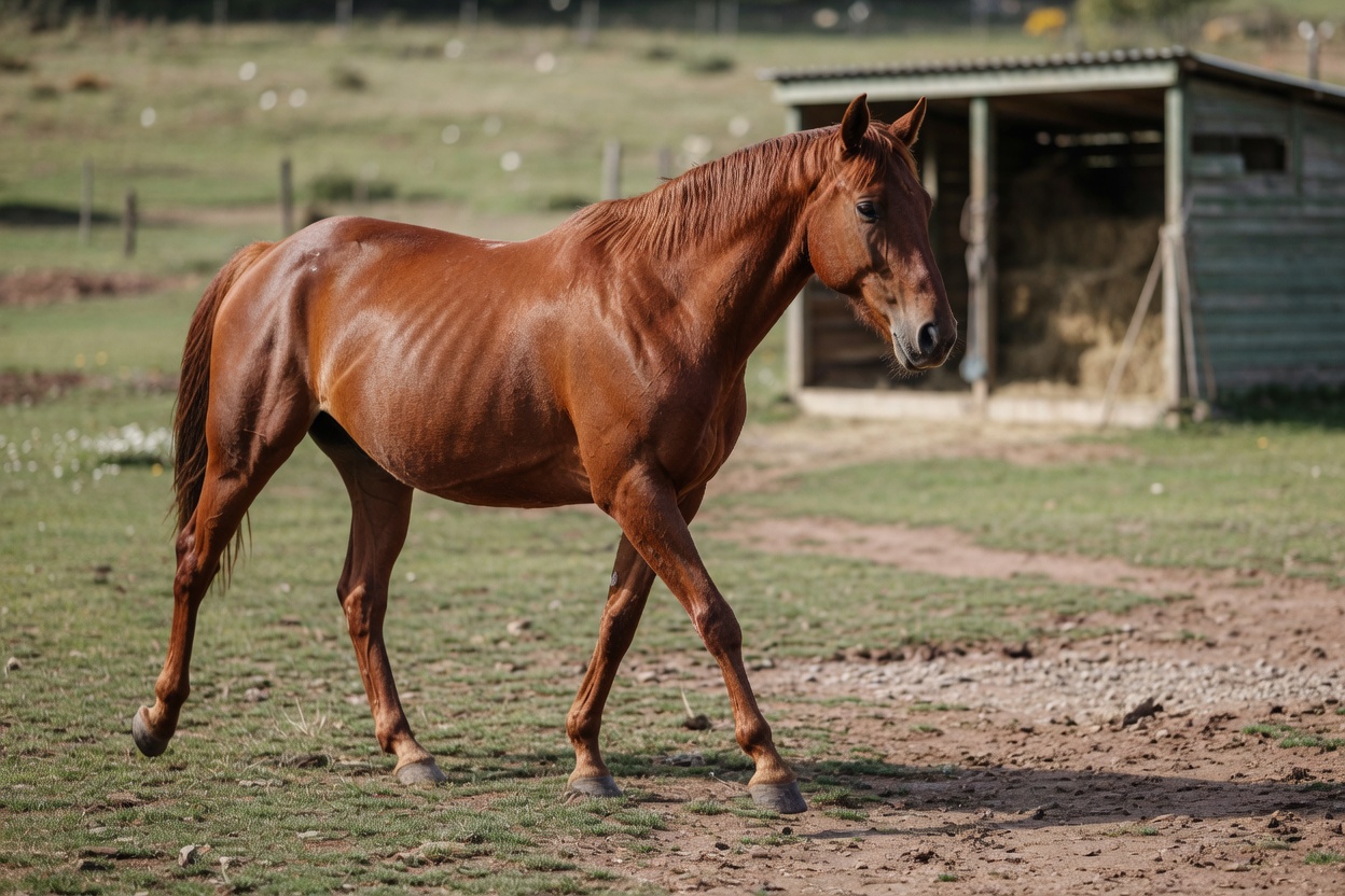 Un caballo castaño caminando sobre terreno variado en un paddock, demostrando movimiento natural y ejercicio