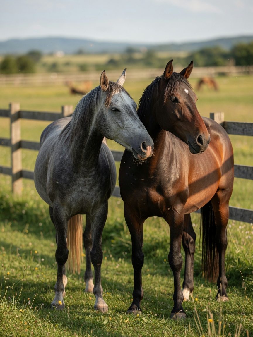 Dos caballos demostrando vínculo social natural a través del aseo mutuo suave en un prado