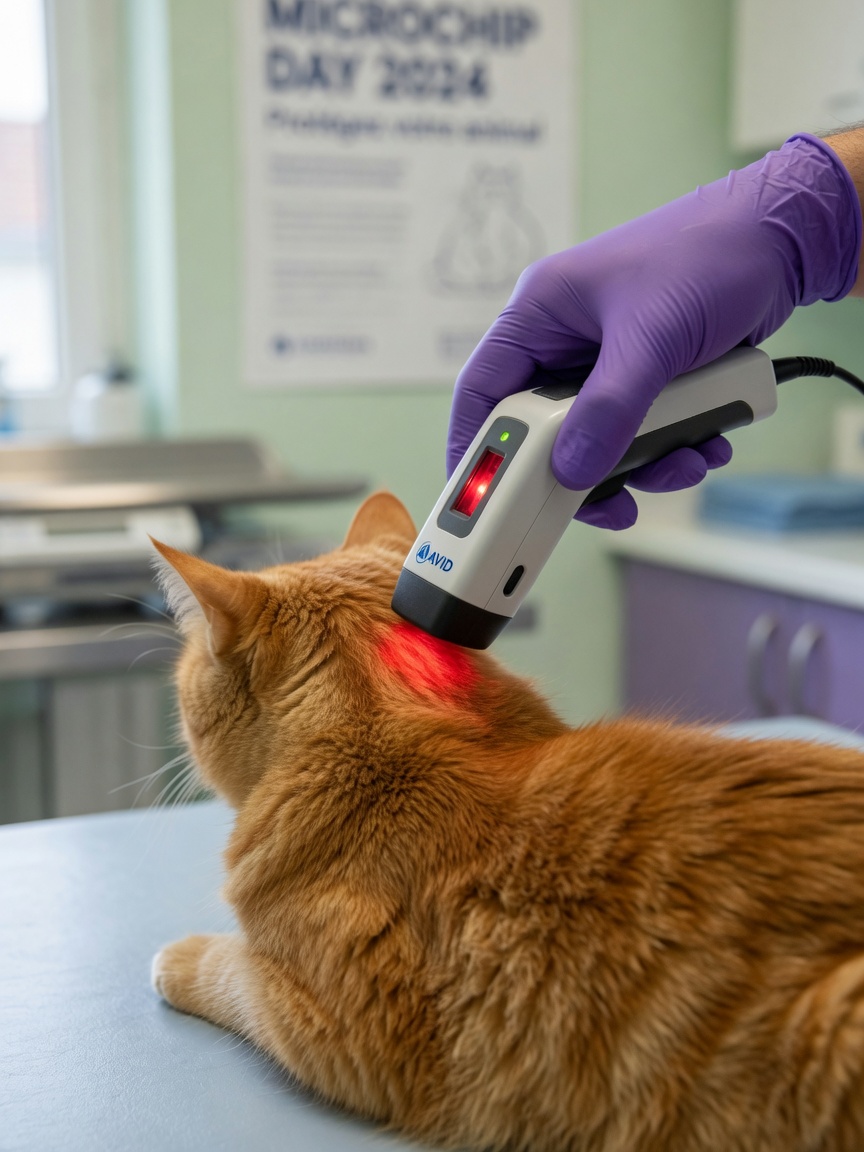 Veterinary microchip scanner reading an implanted microchip on a ginger cat's back