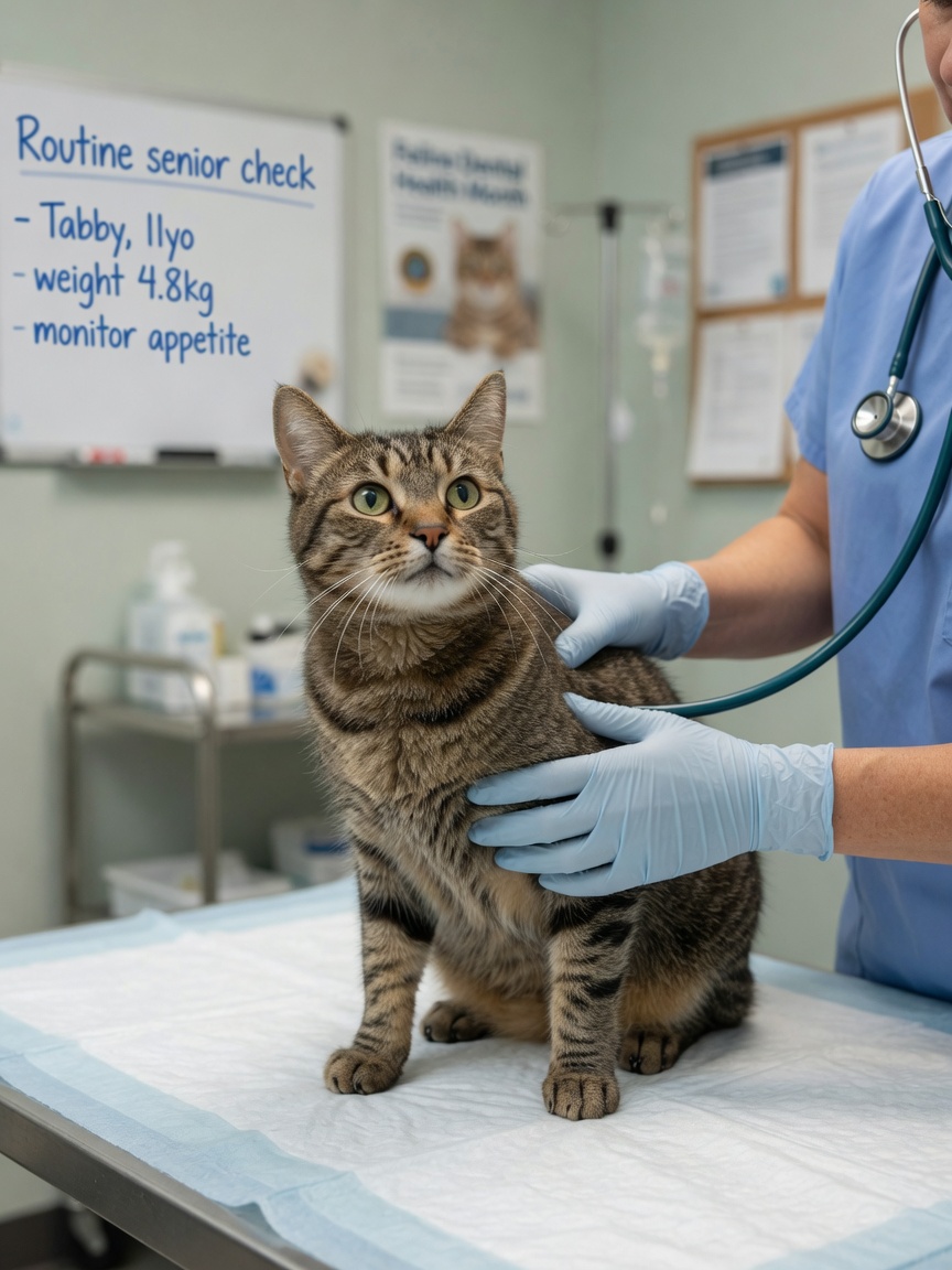 Veterinarian performing abdominal examination on a tabby cat during a medical check-up