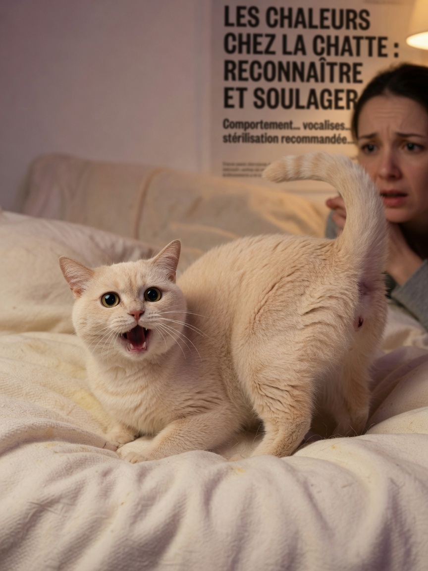 Cream-colored female cat in heat displaying dramatic loud meowing behavior while lying on bedding