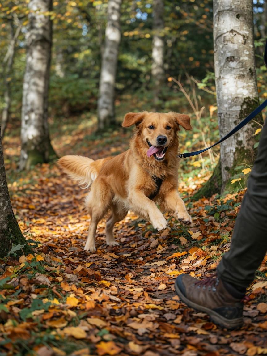 Golden Retriever running energetically through a woodland trail during an active outdoor exercise session