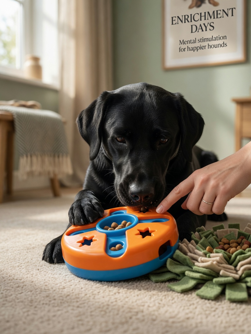 Black Labrador engaged with a puzzle feeder toy, demonstrating mental enrichment and problem-solving activity