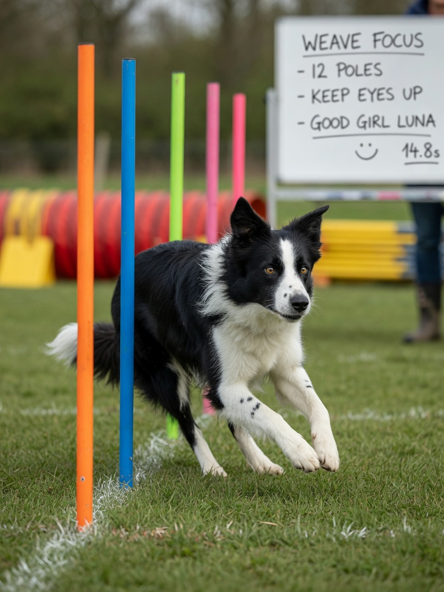Border Collie with black and white coat weaving through agility poles with focused expression, demonstrating breed-specific mental and physical engagement