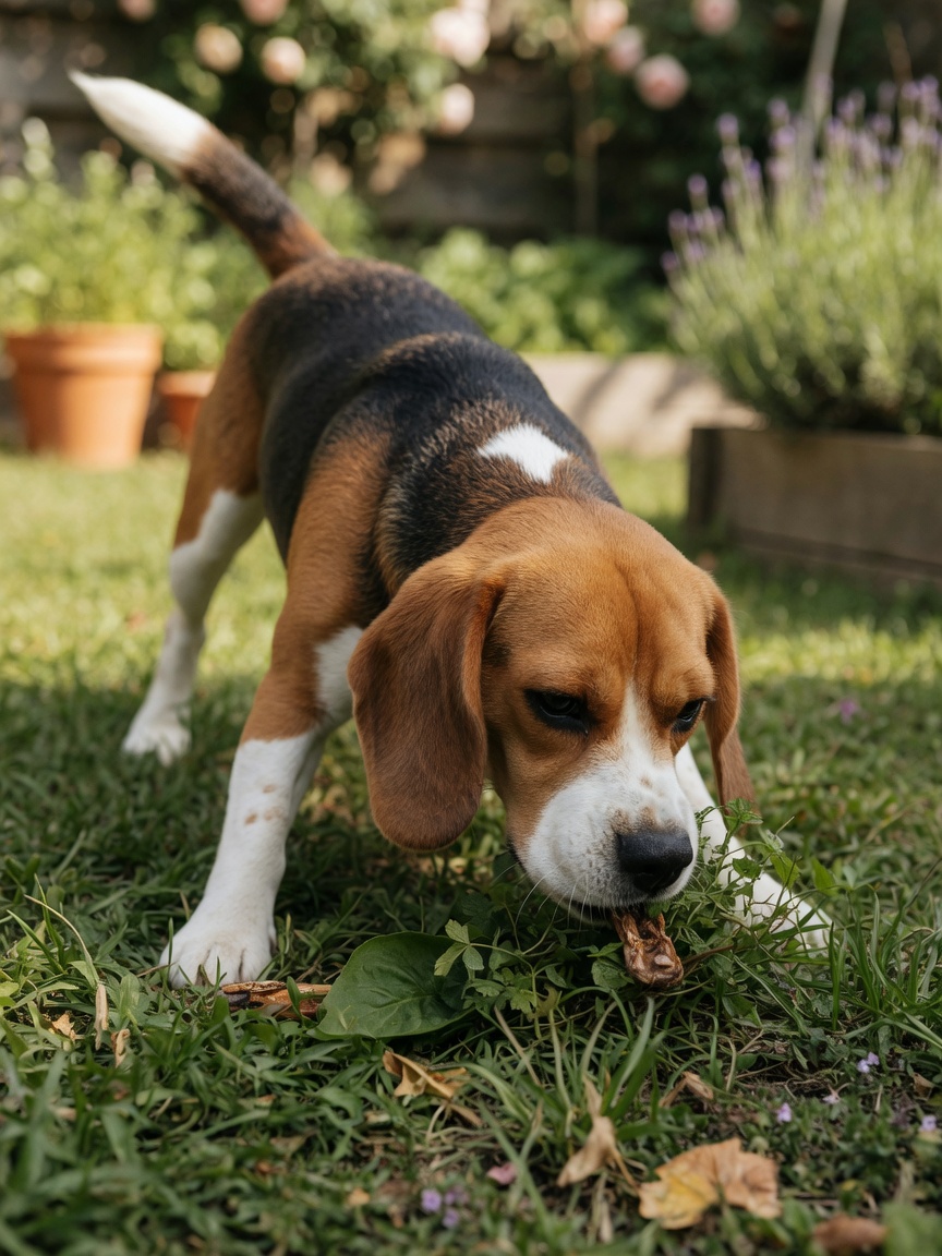 Beagle with tricolor coat sniffing through grass during a scent work game, demonstrating natural foraging instincts and purposeful daily activity