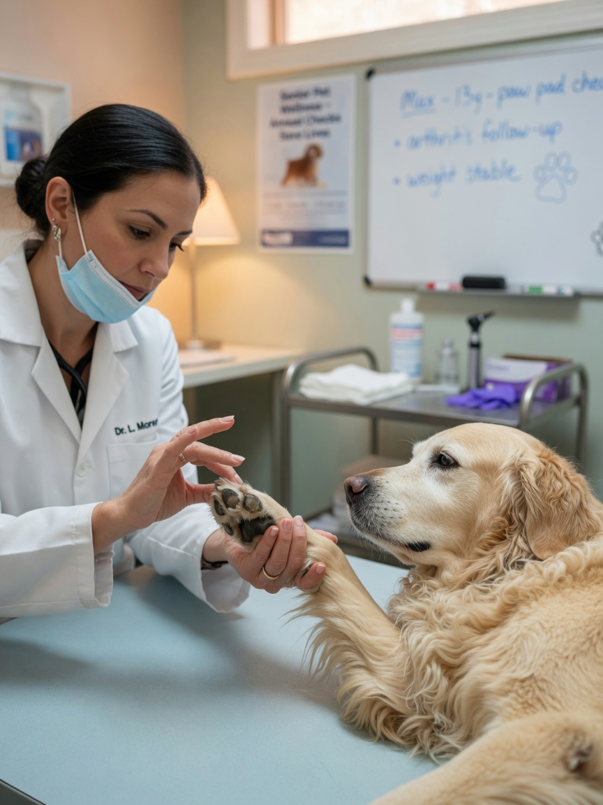 Veterinarian examining dog's paw for injuries during health check