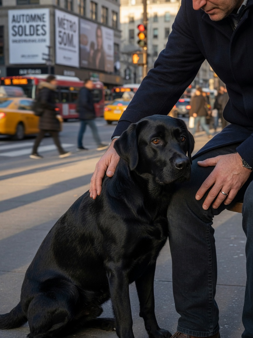 Anxious dog clinging to owner's leg on busy urban street
