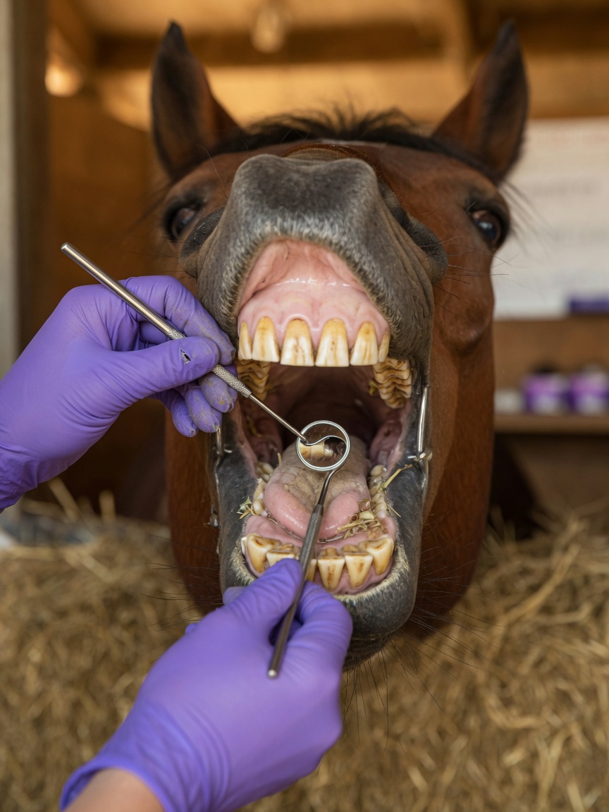 Pferdezahnarzt führt eine detaillierte Mundhöhlenuntersuchung der Pferdzähne und des Mauls mit zahnärztlichen Instrumenten durch.