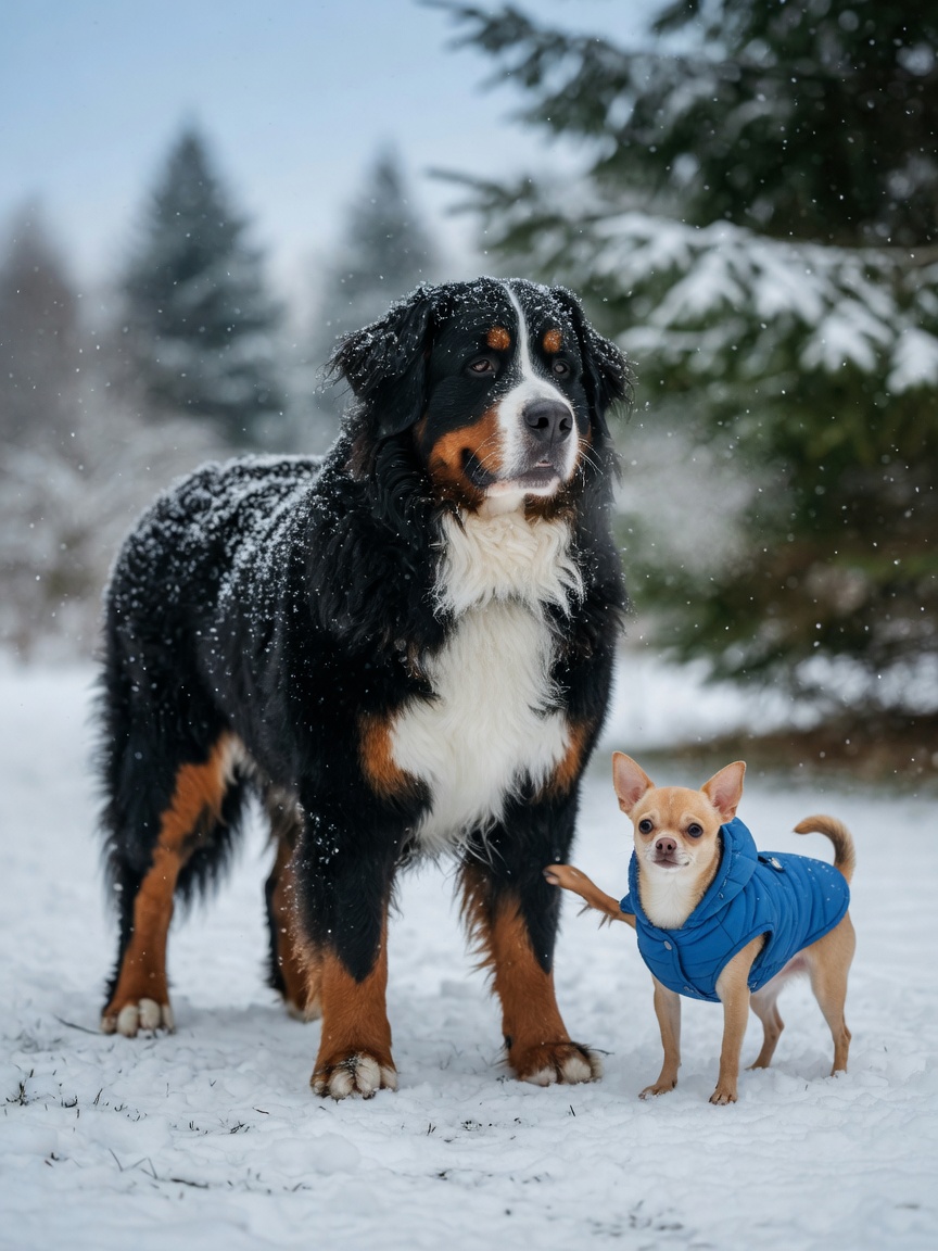Bernese Mountain Dog in thick coat standing comfortably beside small Chihuahua wearing winter jacket in snow