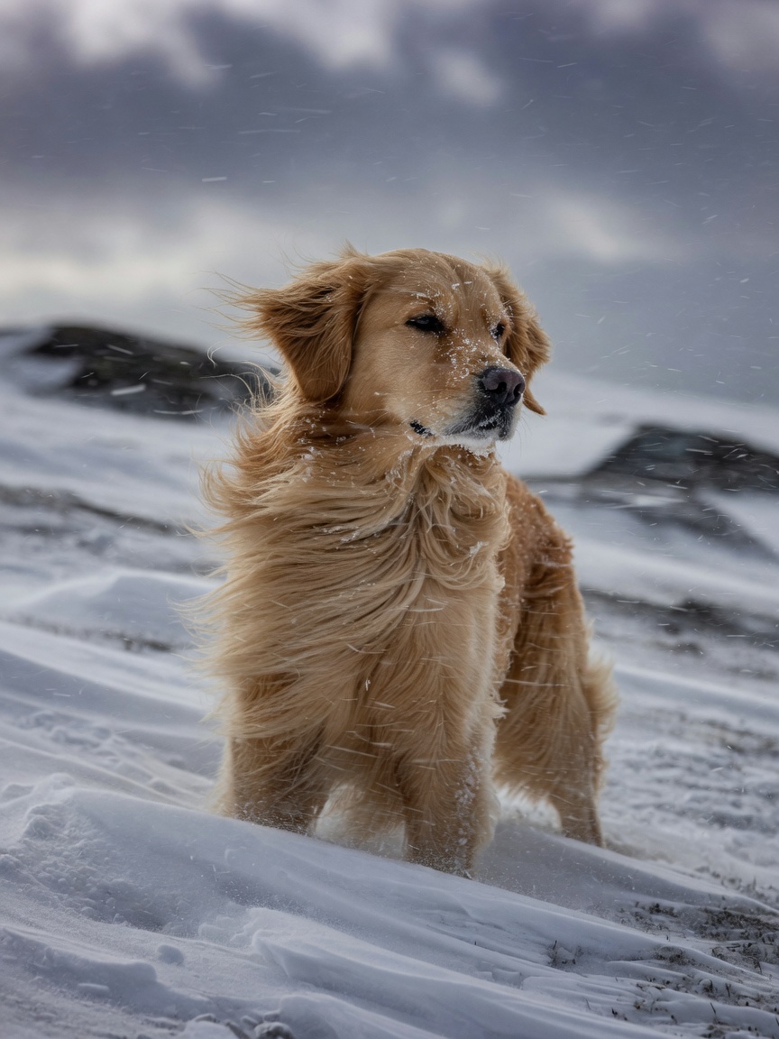 Golden Retriever with coat blown by harsh winter wind and blowing snow, demonstrating wind chill effects