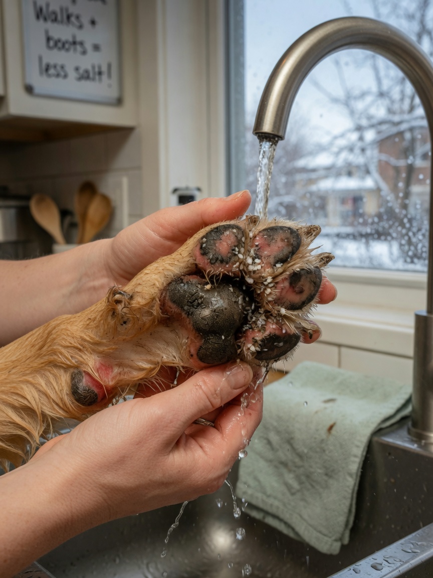 Dog's paw being rinsed under lukewarm water to remove road salt and grit, showing redness and cracks on the pad surface