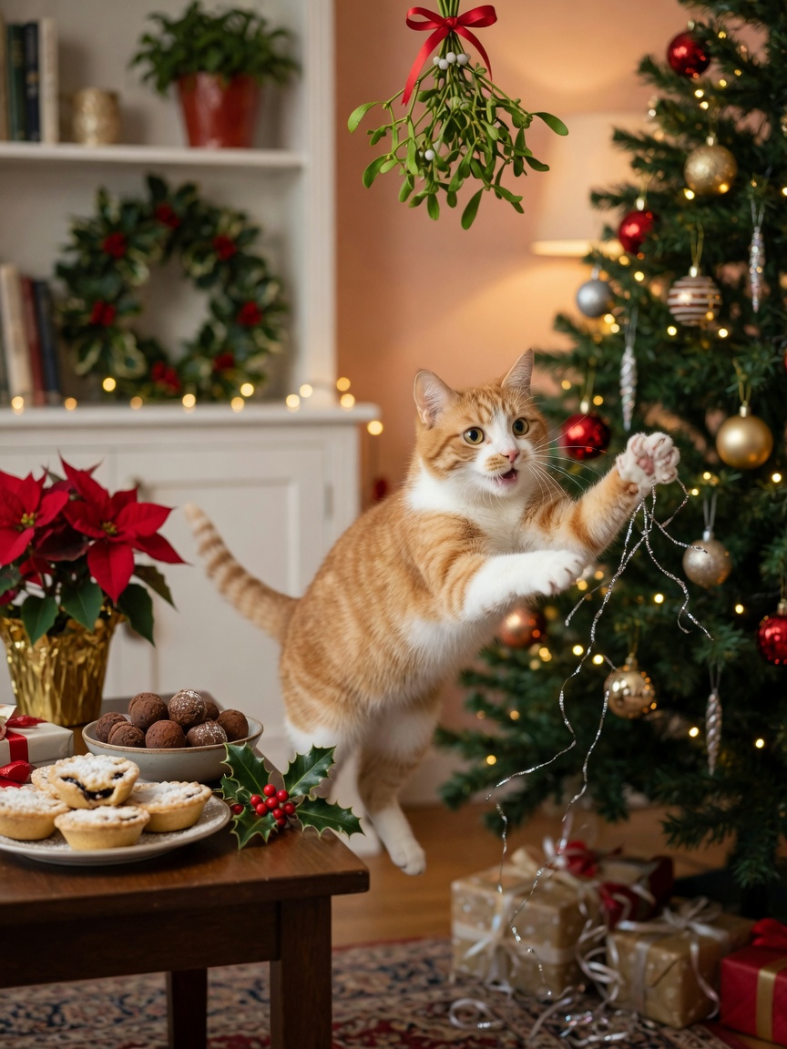 Cat playing near a decorated Christmas tree with tinsel and baubles, with toxic festive plants and chocolate treats visible nearby
