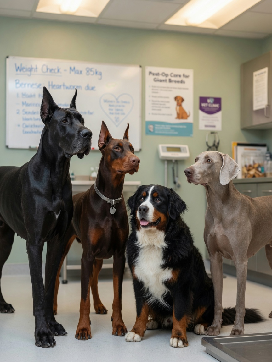 Four large dog breeds commonly affected by wobbler syndrome: Great Dane, Dobermann Pinscher, Bernese Mountain Dog, and Weimaraner