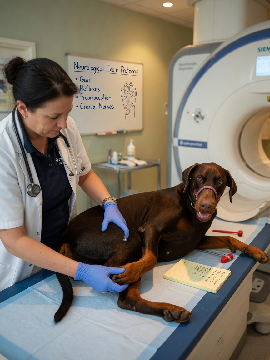 Veterinarian performing neurological examination on a Dobermann Pinscher to diagnose wobbler syndrome