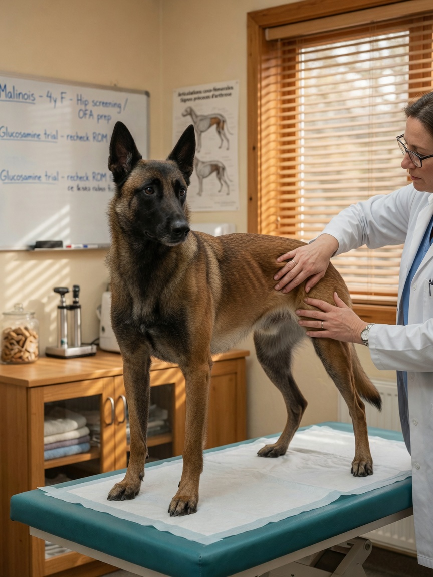 Veterinarian examining a fawn Belgian Malinois's hip joint on an examination table