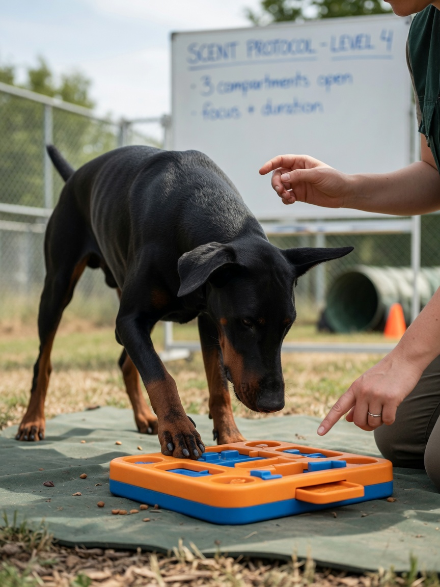 Black Dobermann with cropped ears deeply focused on cognitive enrichment task during training