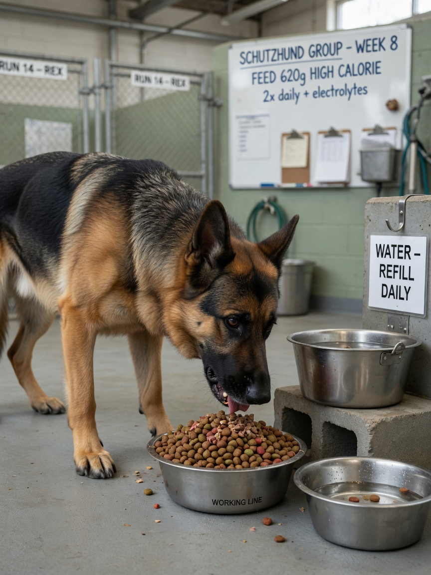 A working German Shepherd eating from a bowl of high-performance kibble, illustrating proper feeding practices for elevated caloric needs.
