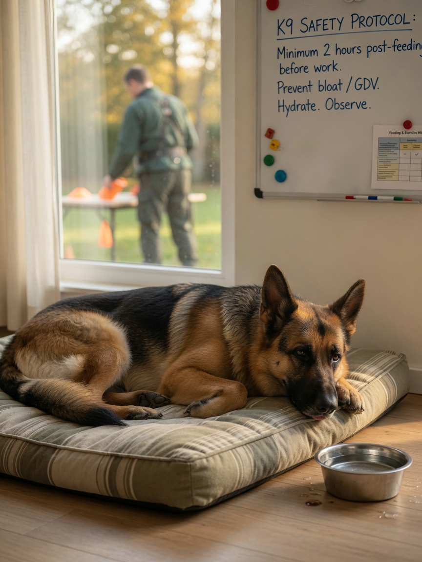 A resting German Shepherd indoors after a meal, demonstrating the safe interval between feeding and work to prevent bloat.