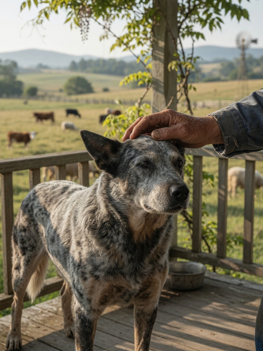 Elderly Australian Cattle Dog with grey merle coat on a farm, hand of elderly farmer gently touching head