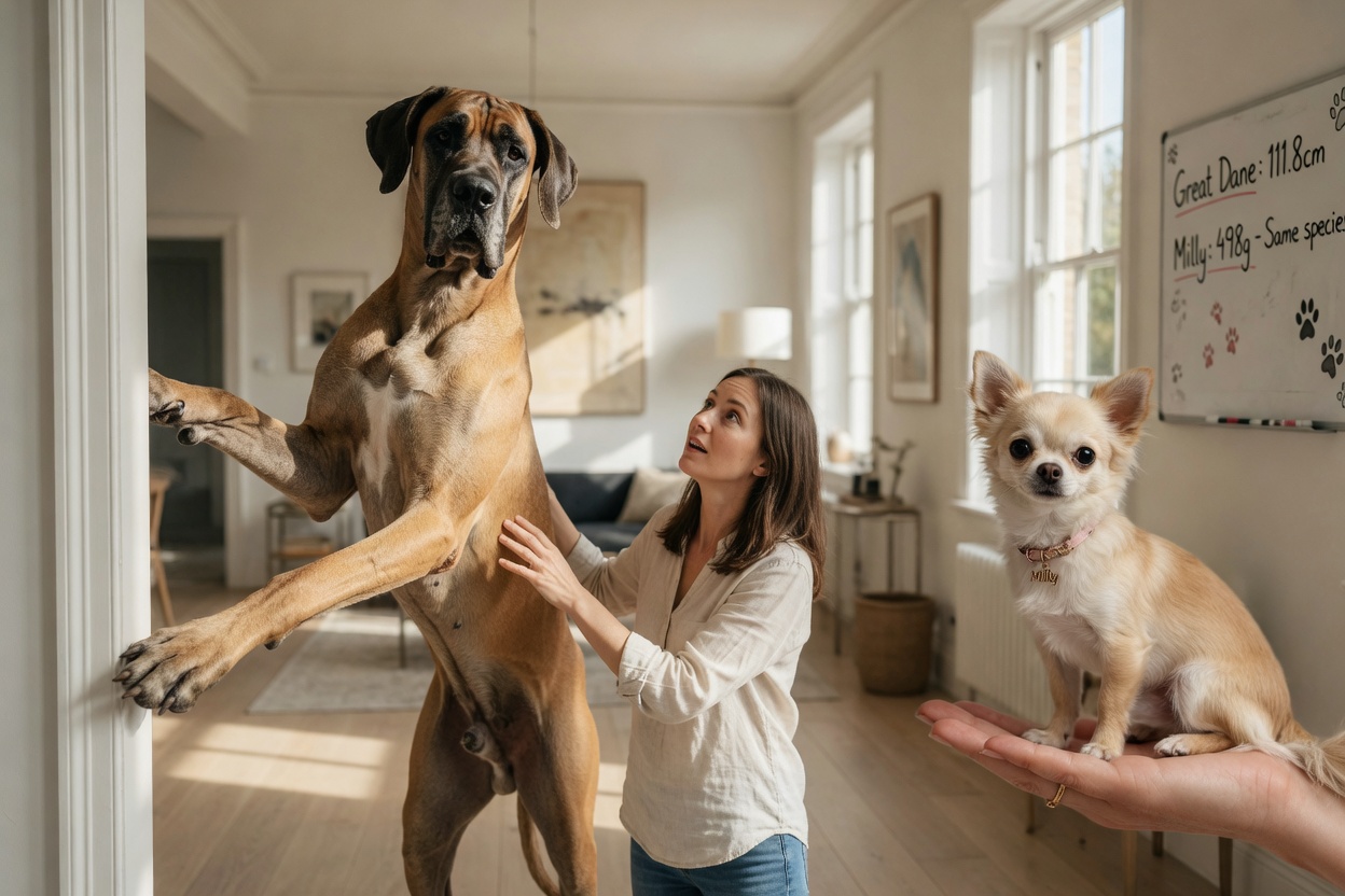 Great Dane and Chihuahua size comparison: towering dog next to human and tiny dog in hand