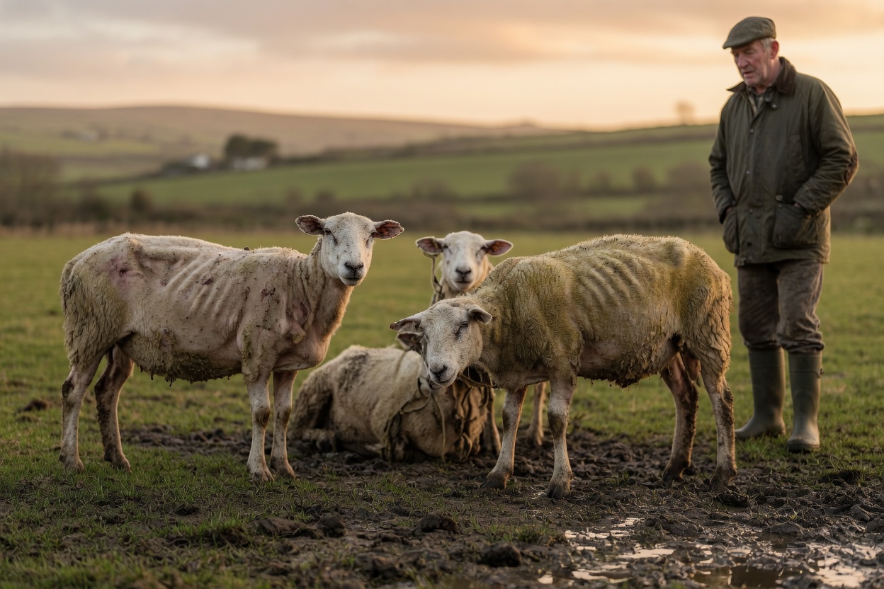 Livestock sheep in a field showing effects of parasitic disease and treatment challenges