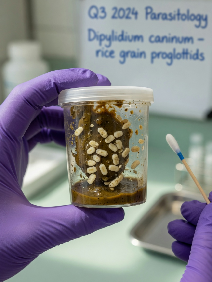 Close-up of a fecal sample showing visible tapeworm segments in a veterinary collection container