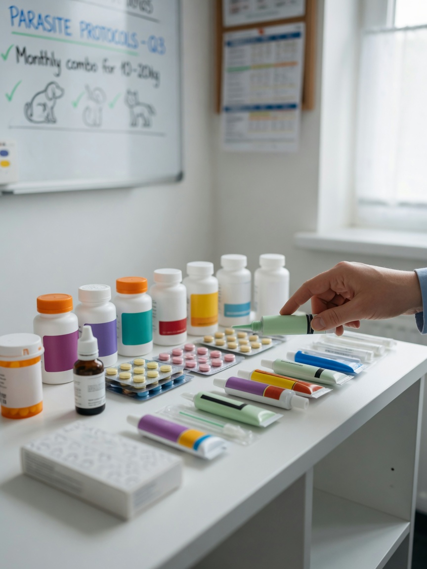 Display of various veterinary worming and parasite treatment products on a clinic shelf with a vet's hand selecting one