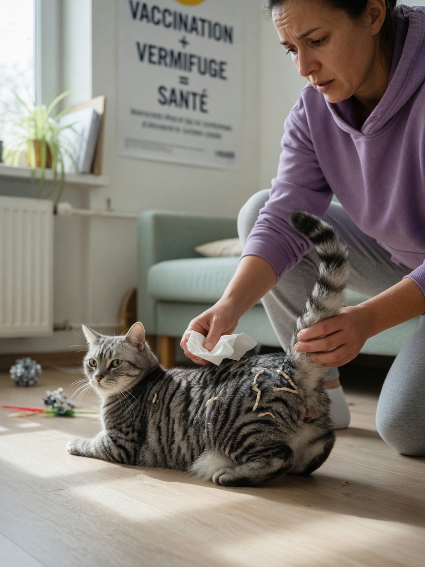 Cat owner examining their cat for visible signs of worm infestation