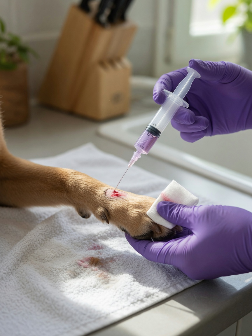 Close-up of a syringe irrigating a pet's paw wound with diluted chlorhexidine solution over a clean white towel