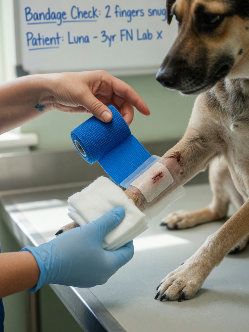 Veterinary technician applying three-layer bandage to dog's leg with non-adhesive dressing, cotton padding, and self-adhesive wrap, demonstrating proper tension with two fingers test