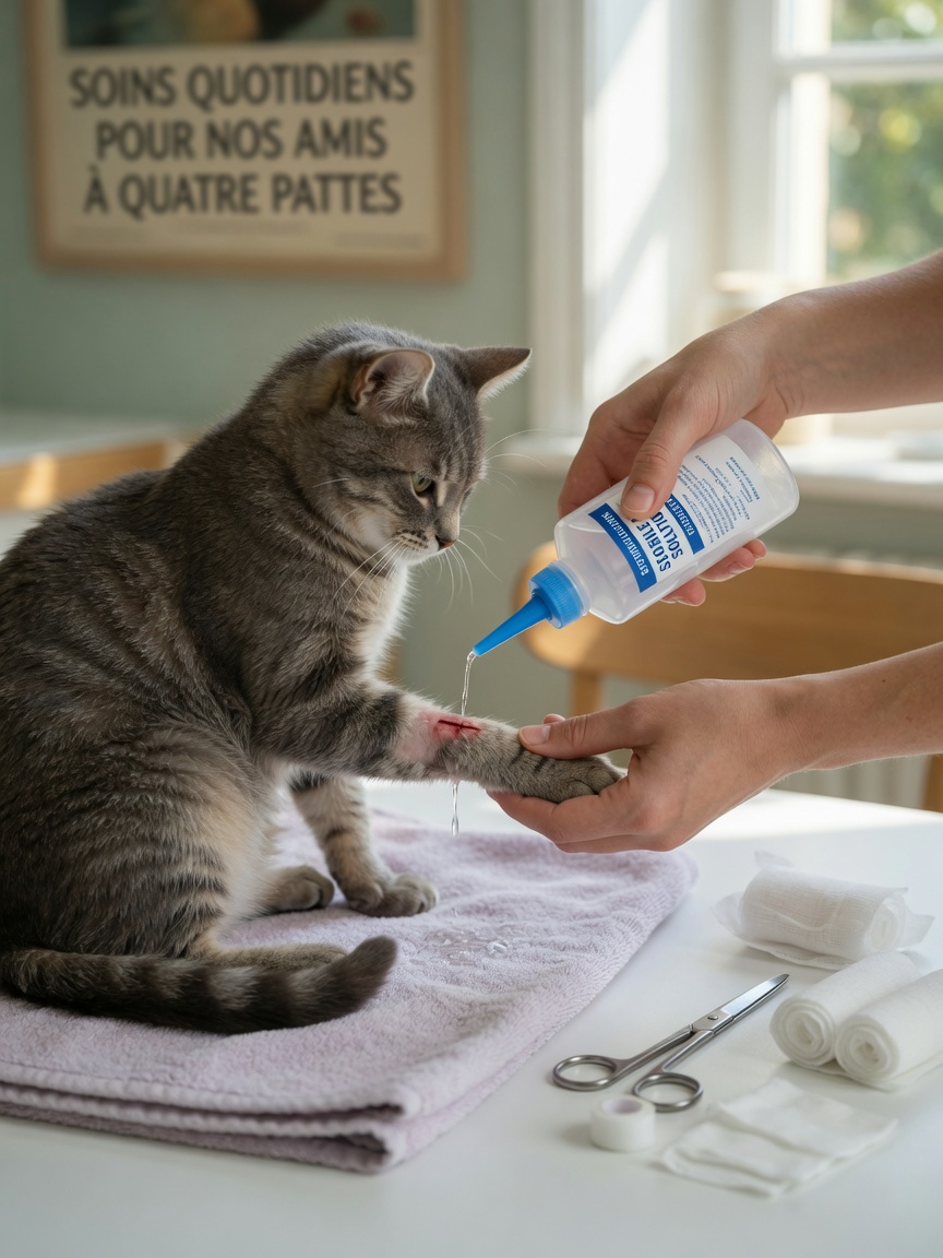 Pet owner gently cleansing a cat's minor wound at home using saline solution with proper wound care supplies visible